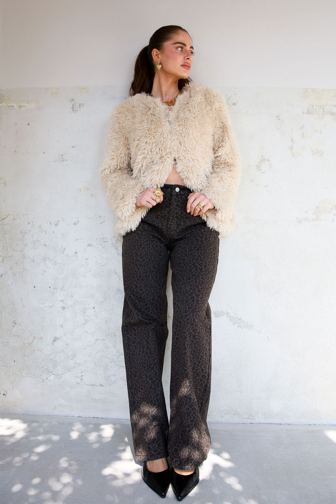 Geweven Katoen Vrouwen Rechte Broek Luipaardprint Herfst/Winter